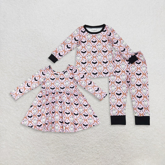 Sibling Baby Girls Ghosts Bats Checked Halloween Pajamas Sets Knee Length Dresses  D 909