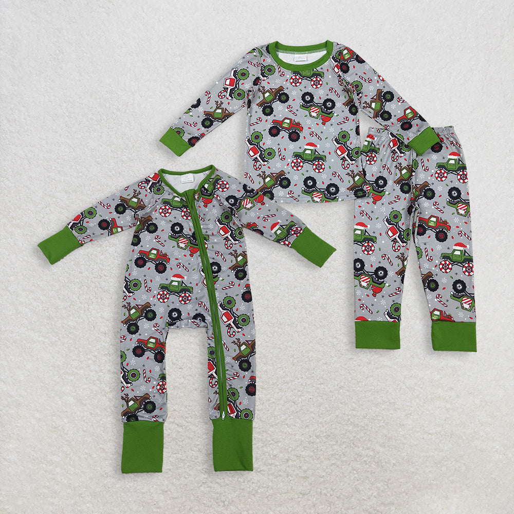Sibling Baby Boys Trucks Candy Cane Christmas Pants Pajamas Sets Zipper Rompers   D 1110