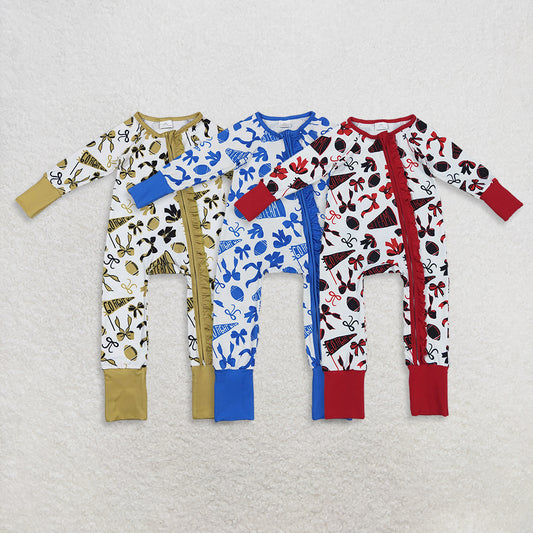 Match Baby Girls Boys Team Colorful Bows Cheer Footballs Ruffle Zipper Footie Rompers D 909