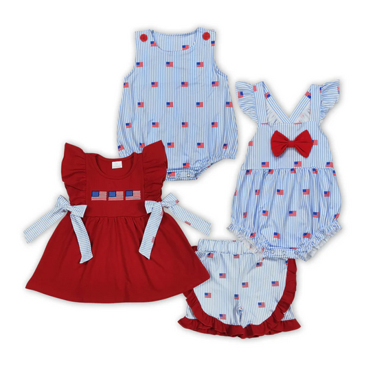 Match Baby Girls Red Flags 4th of July Bows Rompers Outfits Sets D 4.19