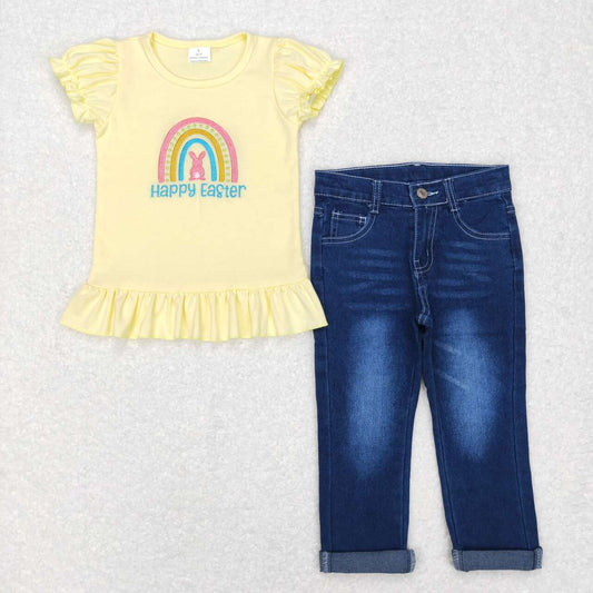 GT0392 happy easter embroidered letter bunny rainbow yellow lantern sleeve short sleeve top+P0085 Dark blue denim trousers