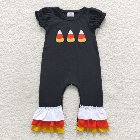 SR0401 Halloween Embroidered Candy Orange Plaid Black Short Sleeve Bodysuit