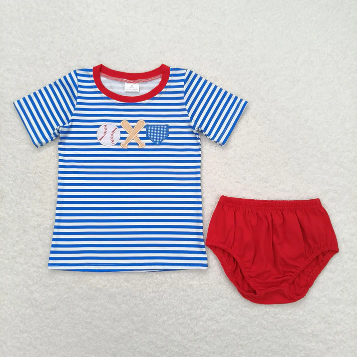 Match Baby Girls Boys Blue Stripes Baseball Summer Clothes Sets  D 3.26