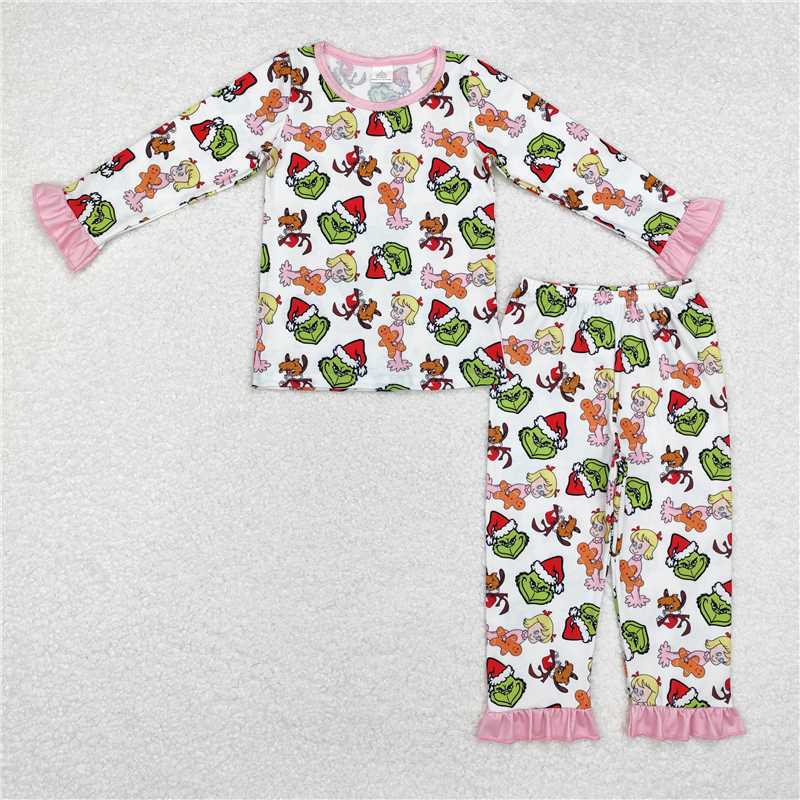 Sibling Baby Girls Long Ruffle Sleeve Green Face Top Pants Bamboo Pajamas Clothes Sets  D 1115
