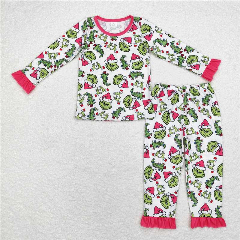 Sibling Baby Girls Long Ruffle Sleeve Green Face Top Pants Bamboo Pajamas Clothes Sets  D 1115