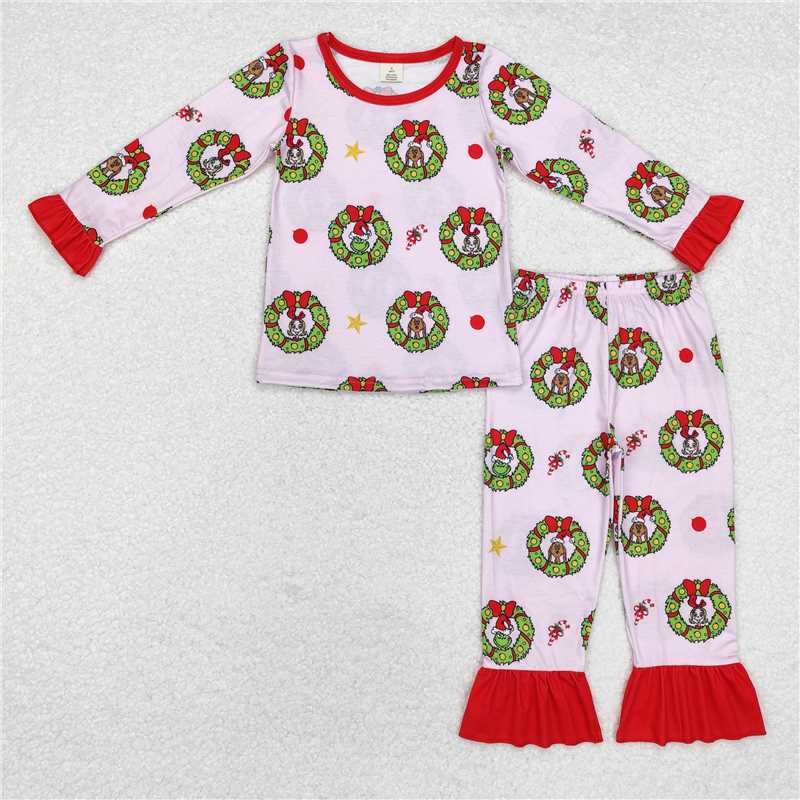 Sibling Baby Girls Long Ruffle Sleeve Green Face Top Pants Bamboo Pajamas Clothes Sets  D 1115