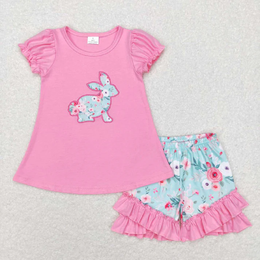 Match Baby Girls Embroidery Easter Floral Rabbit Bows Rompers Clothes Sets