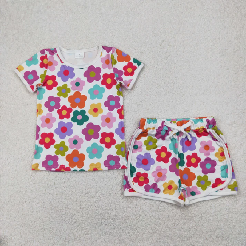 Match Baby Girls Flowers Plaid Tee Shirts Shorts Summer Clothes Sets  D 5.15