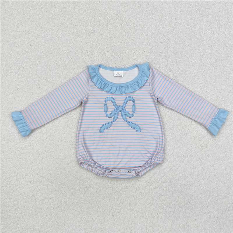 Match Baby Girls Blue striped lace bow pattern dress romper