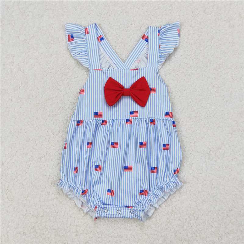 Match Baby Girls Red Flags 4th of July Bows Rompers Outfits Sets D 4.19