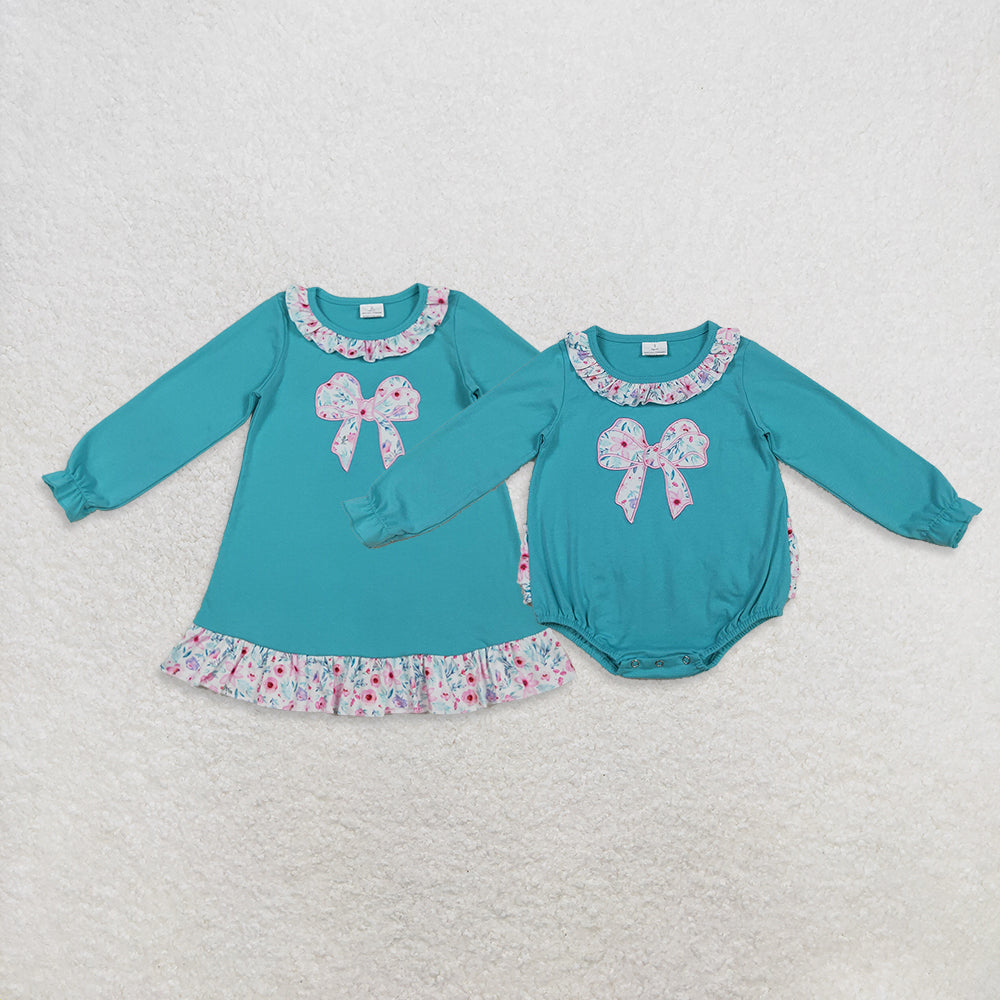 Sibling Embroidery Floral Bows Baby Girls Knee Length Dresses Ruffle Collar Rompers  D 1023