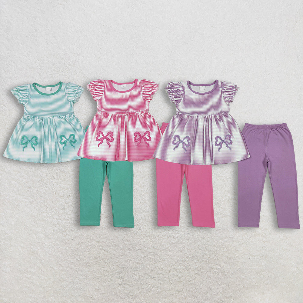 Sibling Baby Girls Embroidered Bows Stripe Tunic Top with Legging Pants Matching Set Outfit for Newborn Photography