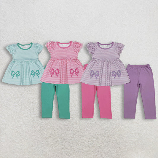 Sibling Baby Girls Embroidered Bows Stripe Tunic Top with Legging Pants Matching Set Outfit for Newborn Photography
