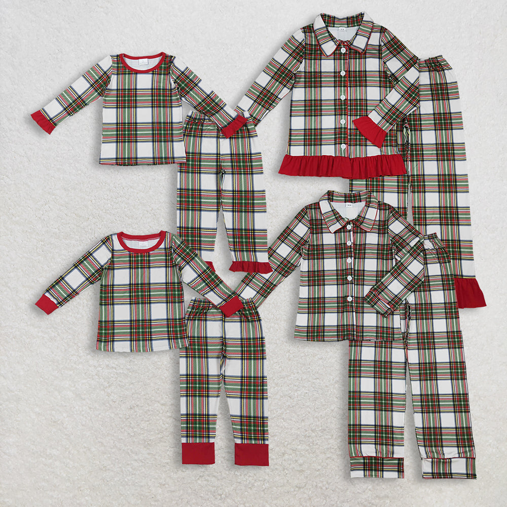Family Adult Kids Green Red Checked Christmas Pants Pajamas Sets D 1205