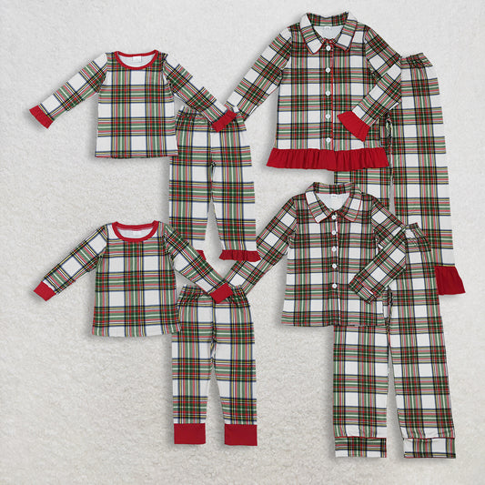 Family Adult Kids Green Red Checked Christmas Pants Pajamas Sets D 1205