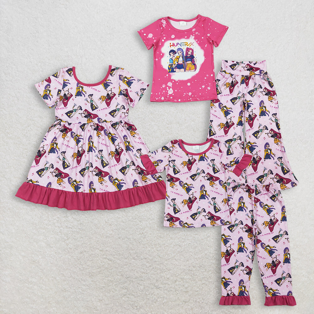 Sibling Pink Demon Hunter Top And Flare Pants Set Ruffle Knee-Length Dress Baby Girls Pajamas Clothes Set
