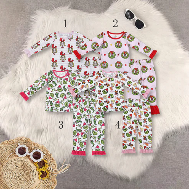 Sibling Baby Girls Long Ruffle Sleeve Green Face Top Pants Bamboo Pajamas Clothes Sets  D 1115