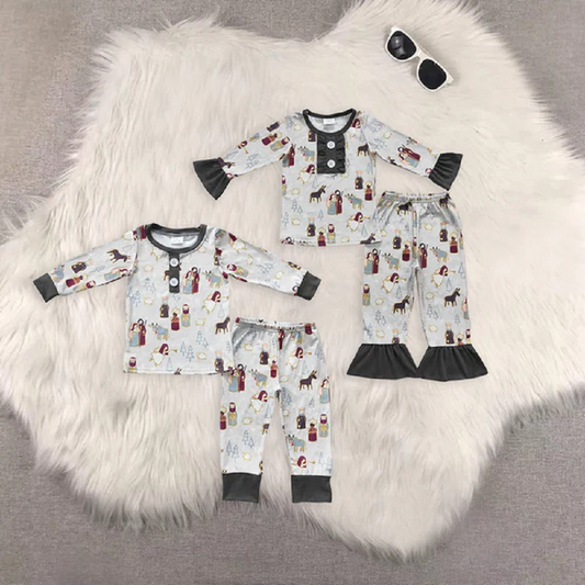 Sibling Baby Kids Gray Christmas Nativity Pajamas Sets D 6.16