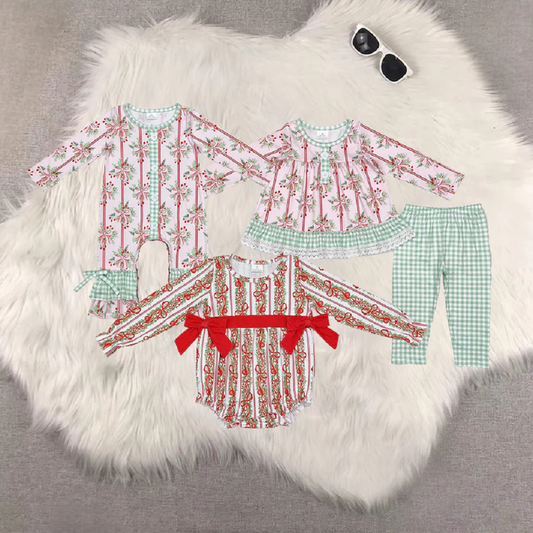 Match Christmas Bow Pattern Green Plaid Pink Long Sleeve Pants Set Romper D 5.26
