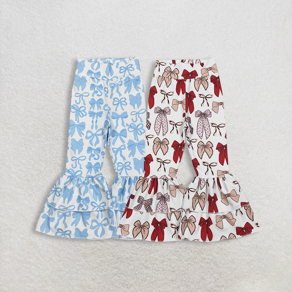 Sibling Baby Girls Yoga Pants with Blue And Red Bows Ruffle Bell Bottom Active Trousers for Kids