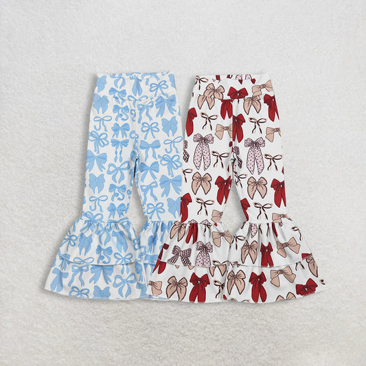 Sibling Baby Girls Yoga Pants with Blue And Red Bows Ruffle Bell Bottom Active Trousers for Kids