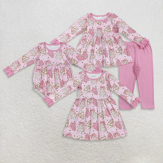 Sibling Baby Girls Pink Bows Stripe Trees Christmas Clothes Sets Rompers Knee Length Dresses  D 908