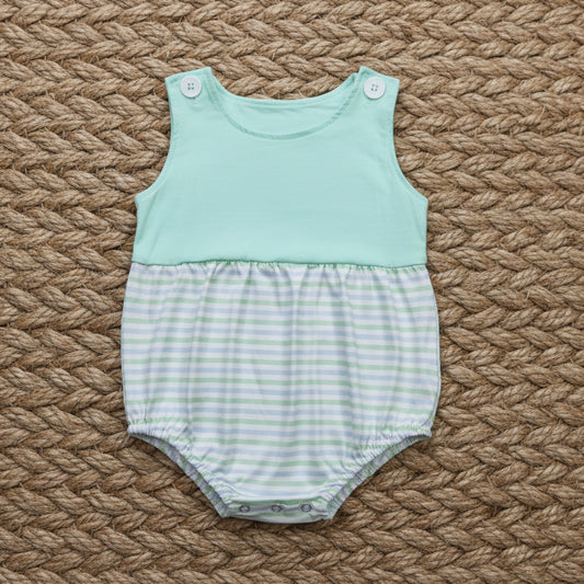 SR3894 sleeveless green stripes bubble romper baby boy clothes