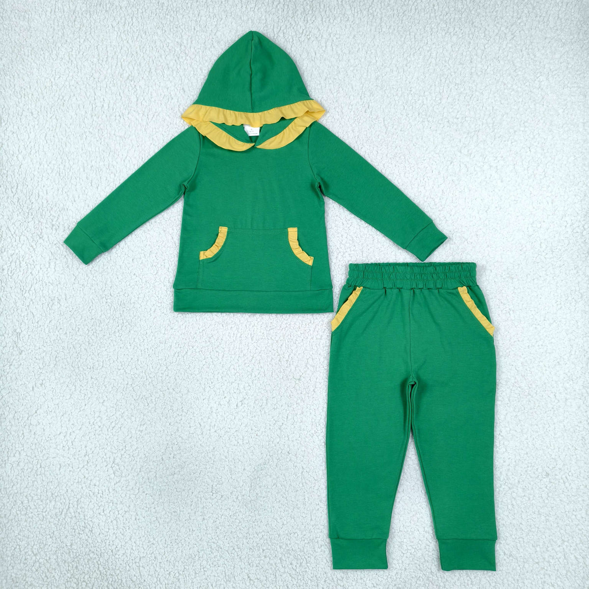 solid green with yellow ruffles hoodie outfit girls clothing