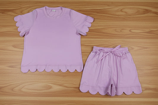 adult clothes women solid lavender scallop shorts set