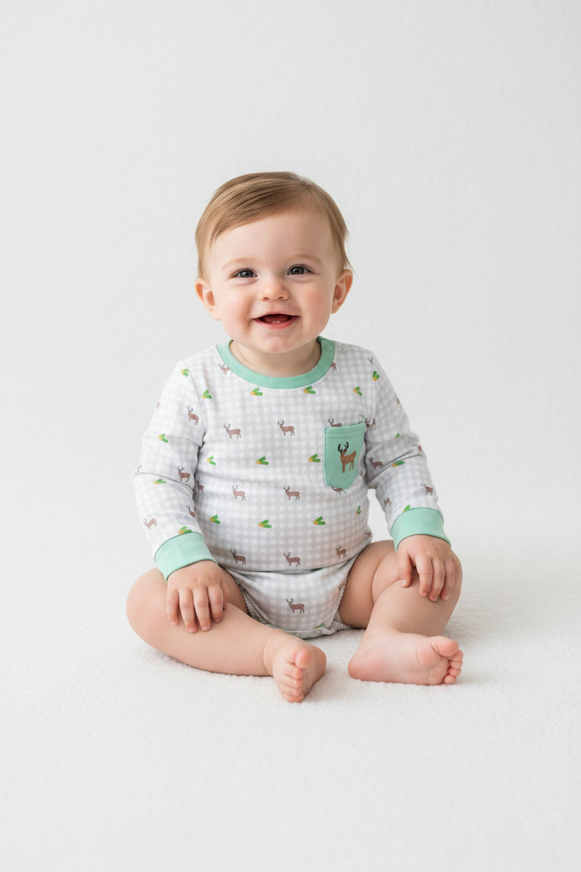 LR3003 long sleeve deer embroidery gingham boy romper