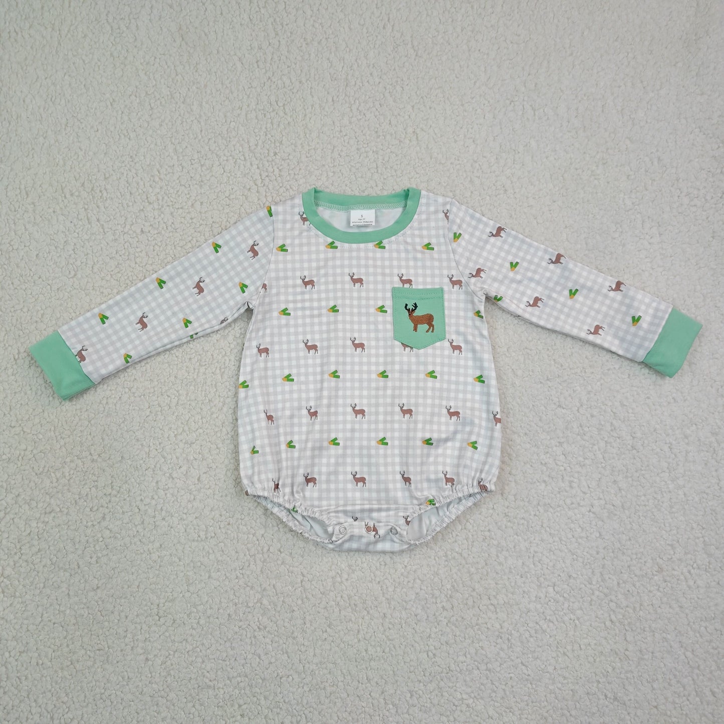 LR3003 long sleeve deer embroidery gingham boy romper