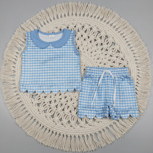 blue gingham scallop shorts set summer clothing