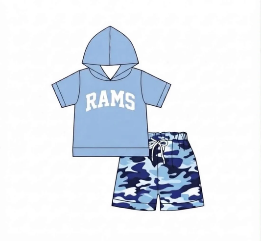 Custom order MOQ 5 Baby Boys Rams Hooded Shirt Top Shorts Outfits Clothes Sets
