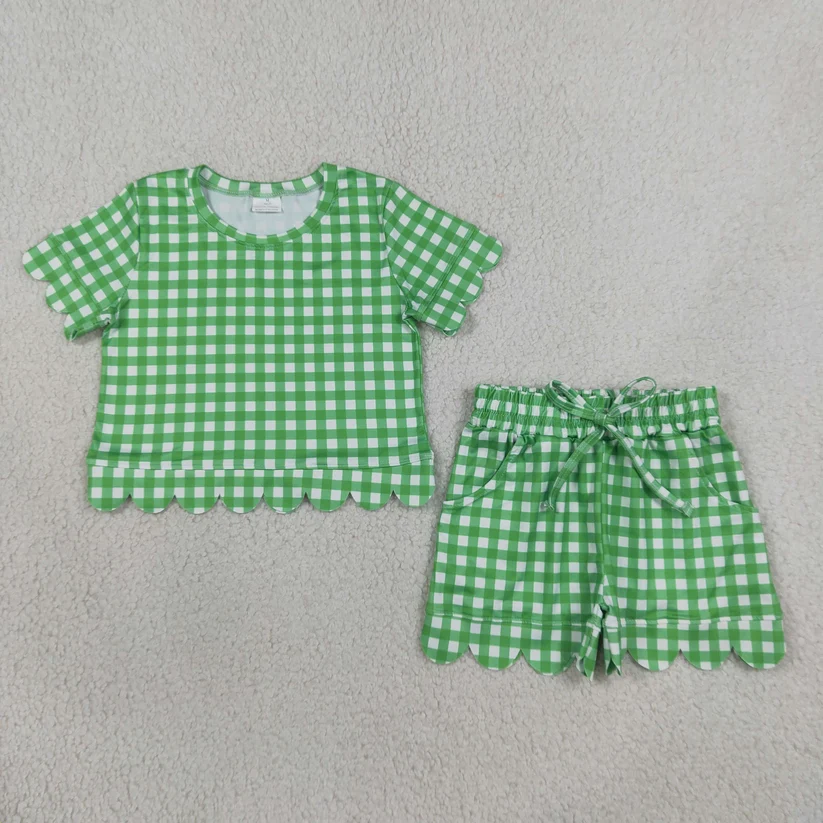 green gingham scallop shorts set girl summer clothing