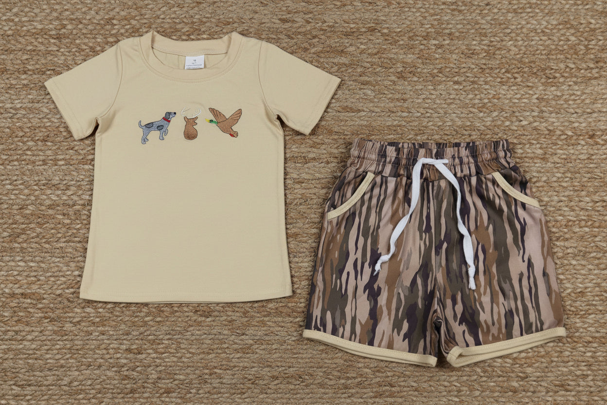 dog deer mallard embroidery boy shorts set hunting clothes