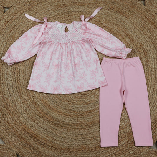 pink bow coquette flower embroidery legging set