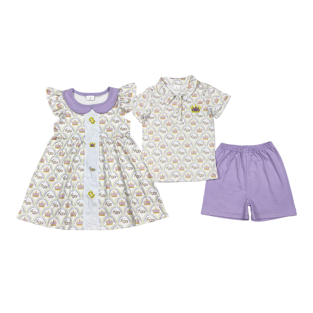 Sibling Child Embroidery King Masks Mardi Gras Dress and Shorts Set