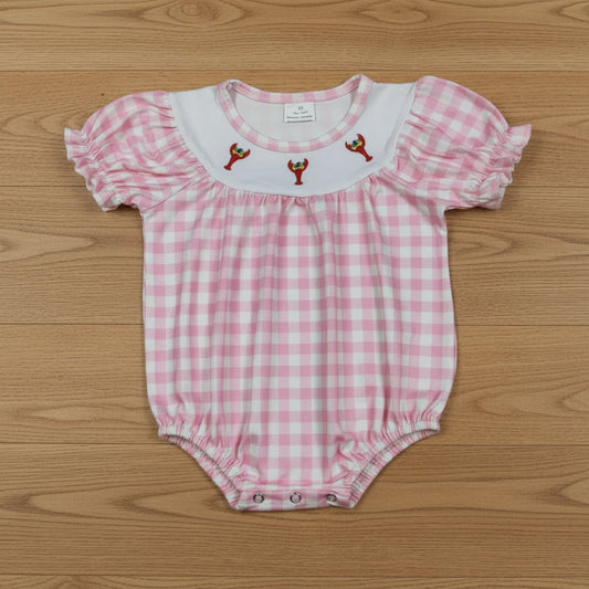 pink plaid mardi gras crawfish embroidery bubble