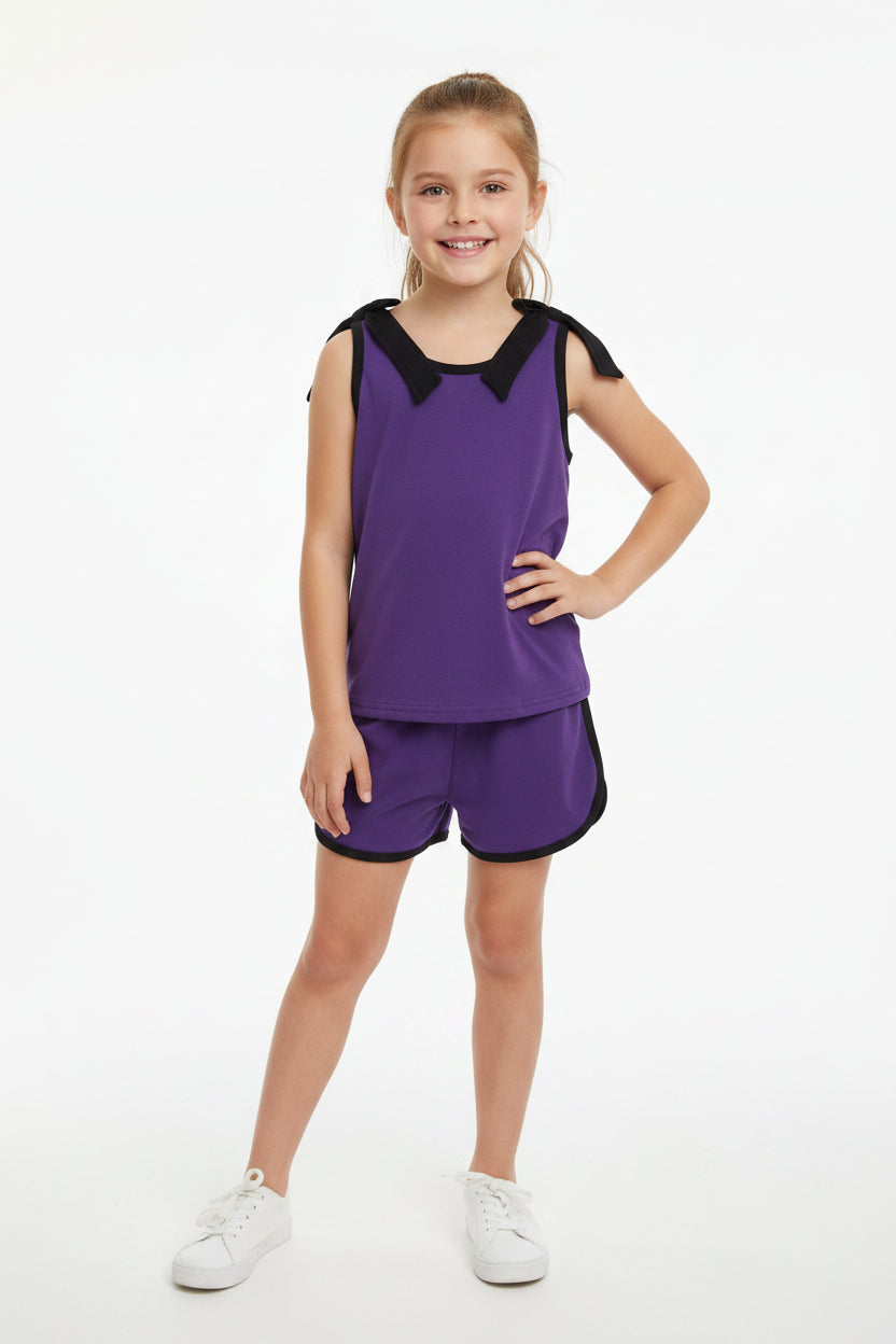 purple with black trim bow shorts set summer girl clothing
