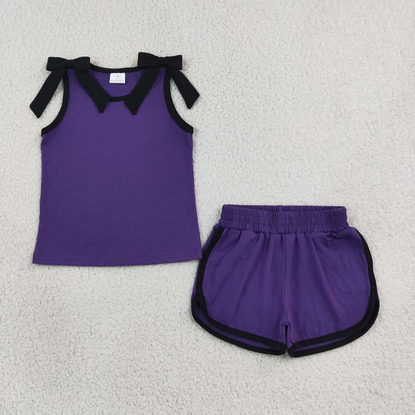 purple with black trim bow shorts set summer girl clothing