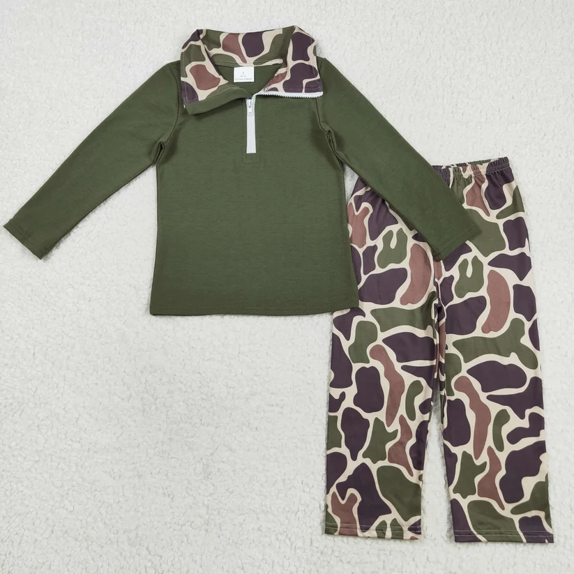 BLP1138 baby boy olive zip pullover camo pants set
