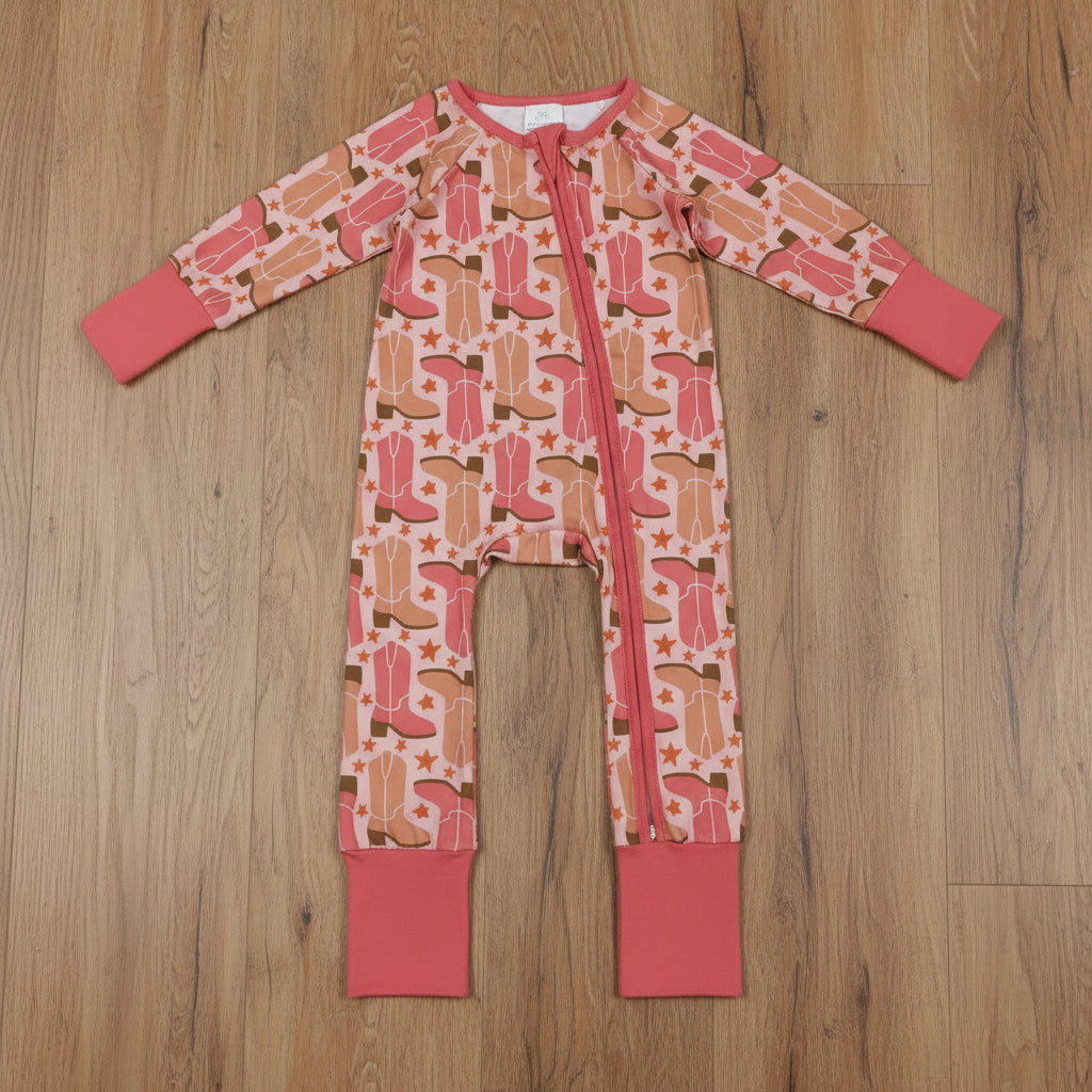 cowgirl boots print infant girl zipper sleeper