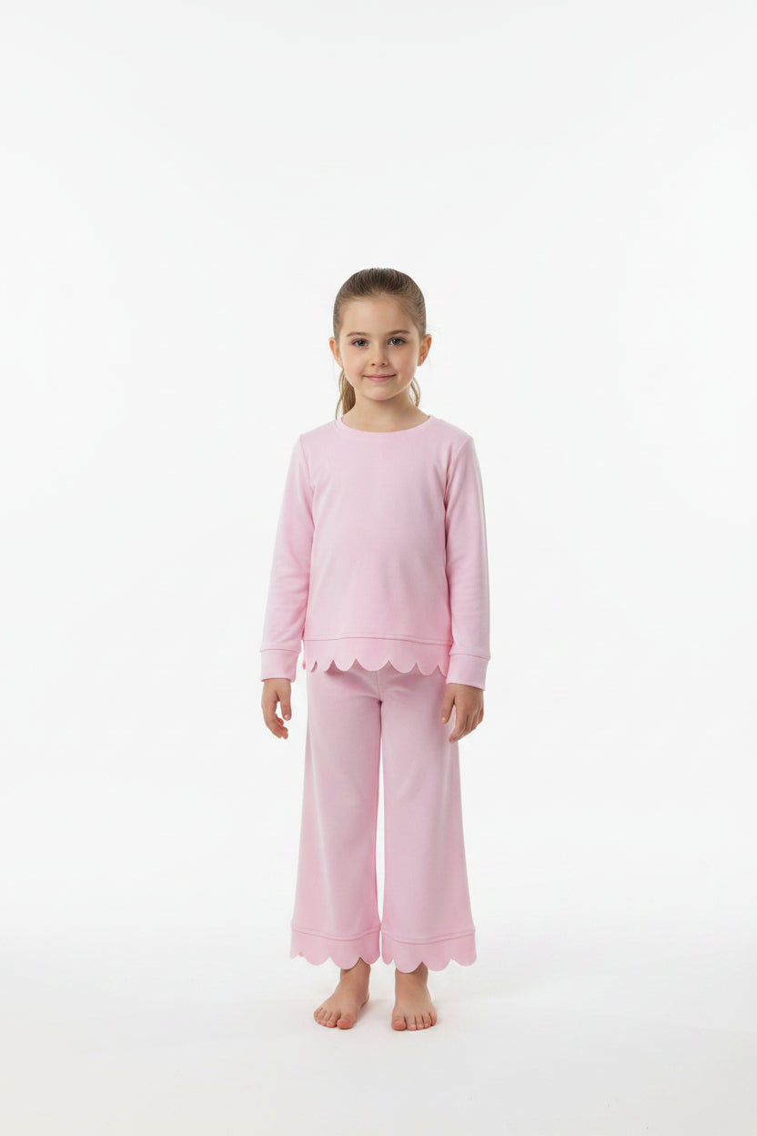 long sleeve cotton light pink scallop pants outfit