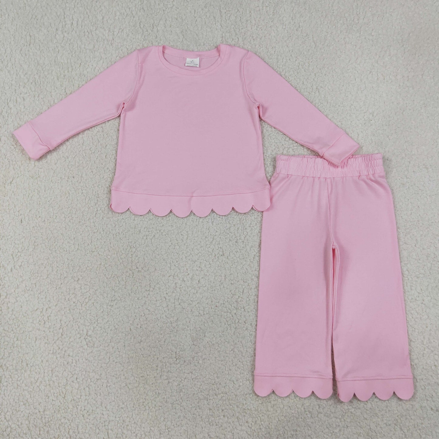 long sleeve cotton light pink scallop pants outfit