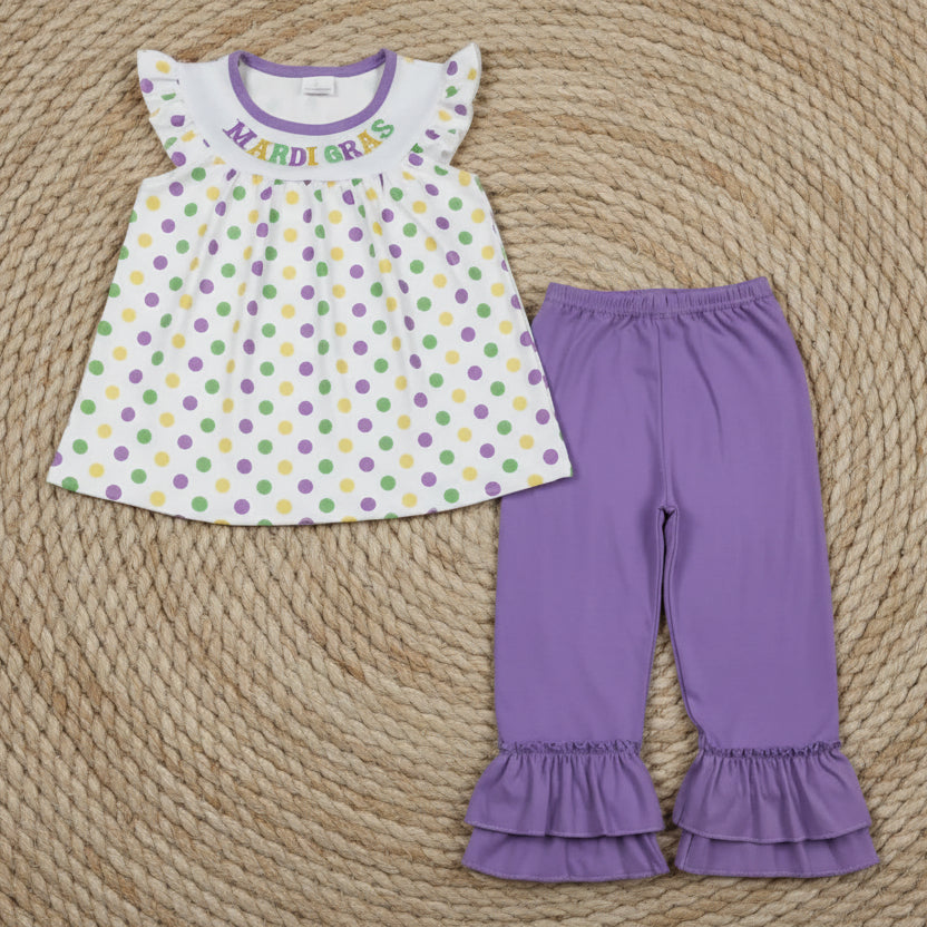 mardi gras embroidery polk dots tunic pants set