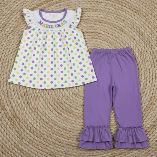 mardi gras embroidery polk dots tunic pants set