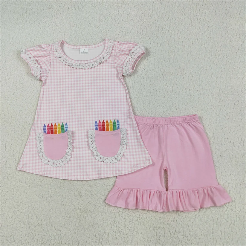 GSSO2388  Baby Girls Pink Plaid Pencils Pockets Tunic Ruffle Short Set
