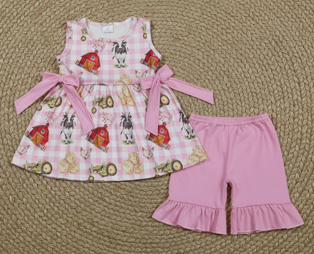 farm life animal ruffle shorts set pink