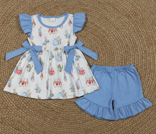 blue flutter sleeve peter rabbit print girl shorts set