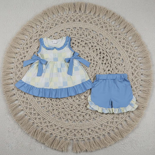 blue patchwork shorts set summer girl clothing